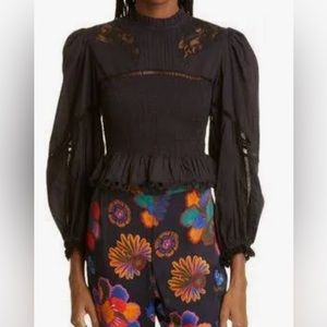 FARM Rio Lace Balloon Sleeve Peplum Blouse in black